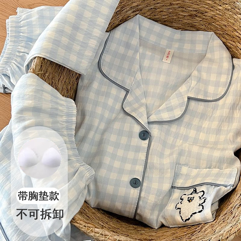 Cute plaid puppy pajamas with chest pads for women, summer pure cotton gauze 2026 new short-sleeve three-piece home wear set Cute plaid puppy pajamas with chest pads for women, summer pure cotton gauze 2026 new short-sleeve three-piece home wear set
