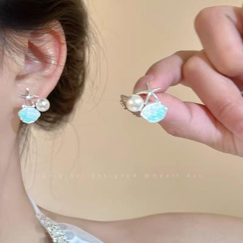 新款S925银针海星贝壳少女心耳钉韩国气质创意不对称小众珍珠耳饰