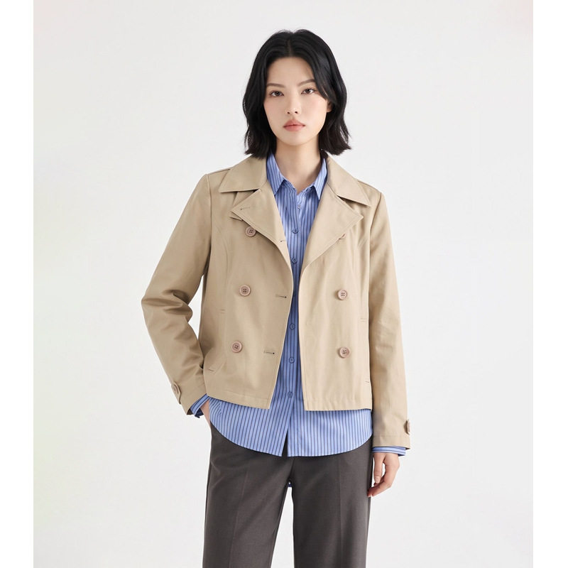 Áo khoác gió nữ dáng ngắn cổ vest to, phối cúc đôi — màu kaki