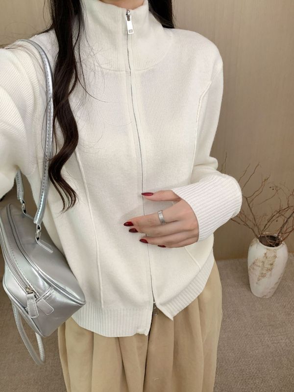 100%绵羊毛双拉头高领毛衣外套女宽松简约休闲拉链针织开衫外穿款|undefined