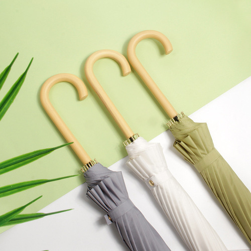 16-bone umbrella wooden curved handle Korean style small fresh simple straight umbrella sunny umbrella sunshade women's long handle automatic umbrella