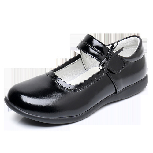 Children's Black Genuine Leather Princess Shoes for Girls, Middle-Size Soft-Sole Student Shoes for Kids, Performance Shoes, Size 4142