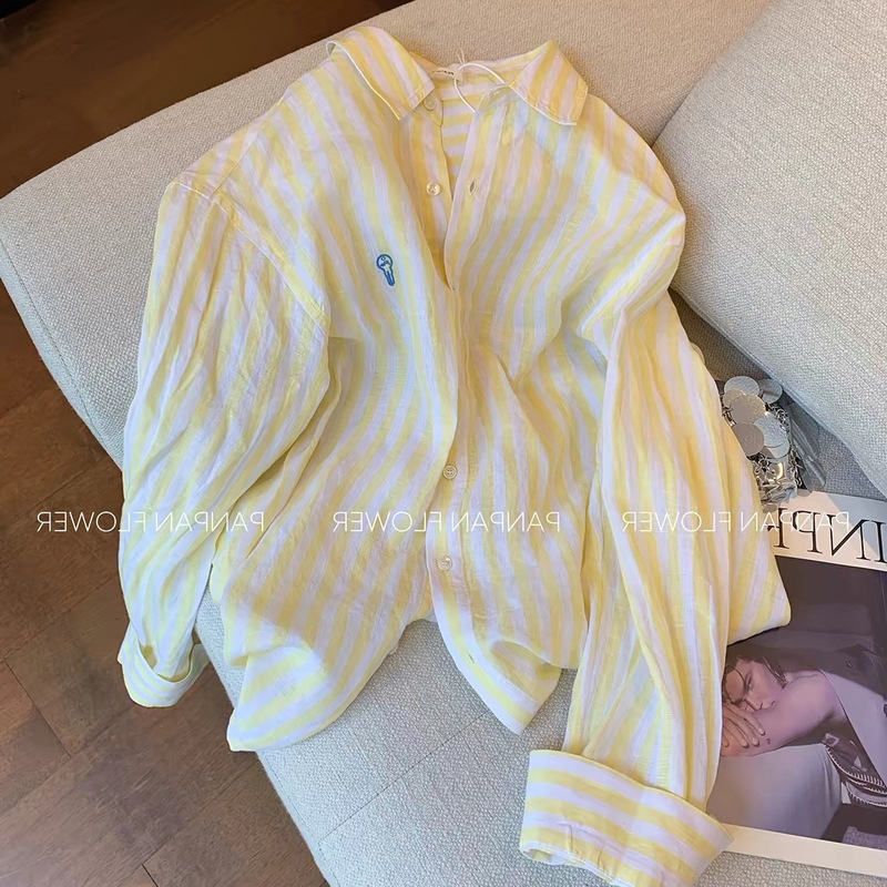 Relaxed Yellow Linen Striped Long-Sleeve Shirt for Women, Spring/Summer 2026 New Style, Old Money Style, Versatile Short Top