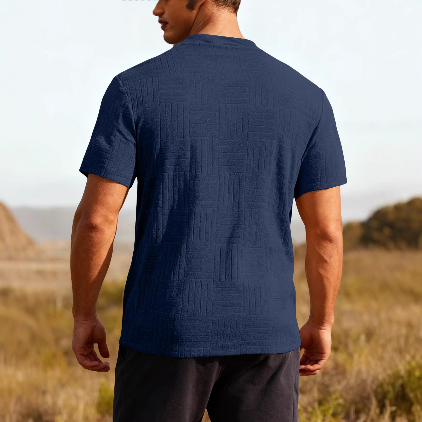 Nuevo comercio exterior delgado cuello redondo toallas de manga corta personalidad camiseta de estilo europeo y americano camiseta de base casual hombre