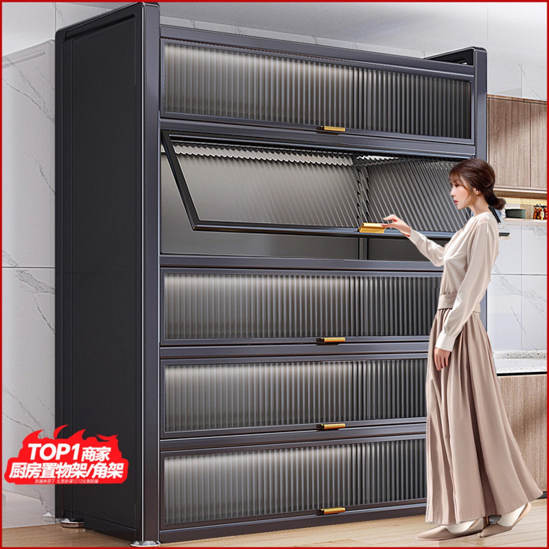 Kitchen Pots and Bowls Storage Cabinet Floor-Standing Multi-Layer Storage Cabinet Microwave Oven Household Multi-Functional Cabinet Storage Rack with Door