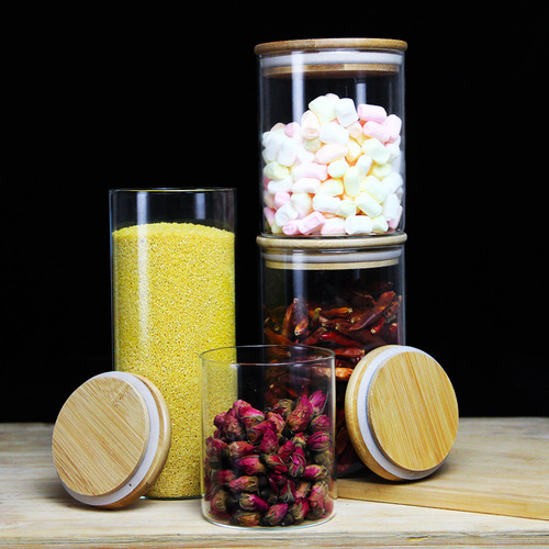 Kitchen sealed storage glass jar, transparent round bamboo lid, grain tea packaging jar, food tangerine peel storage jar