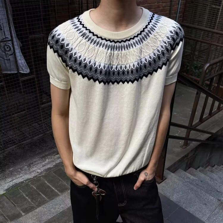 Isla de Fair camiseta de punto de manga corta camiseta de cuello redondo jacquard hombre viejo estilo casual hielo de verano fábrica transfronteriza mayorista