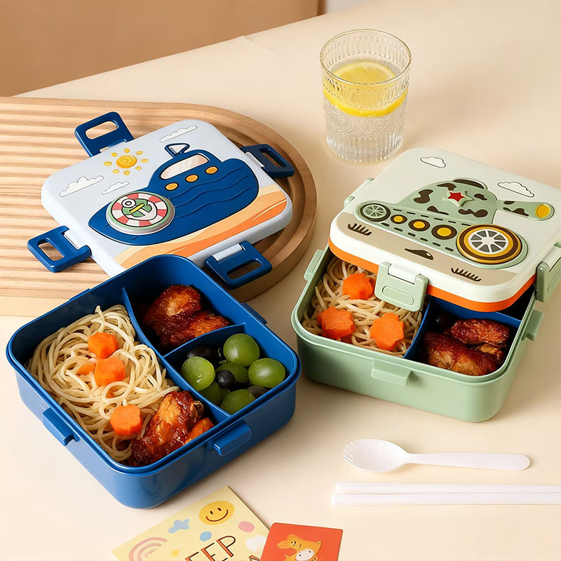 卡通塑料双层带酱盒饭盒学生分格密封午餐盒便携手提带餐具沙拉盒|undefined