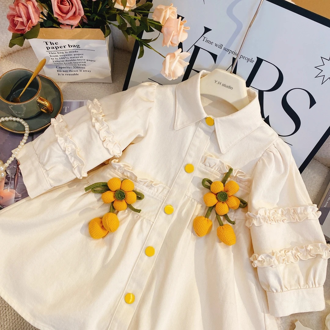 Vestido camisero de flores para niñas, ropa de primavera y otoño 2025, vestido de solapa de manga abullonada coreana para niños, vestido de princesa