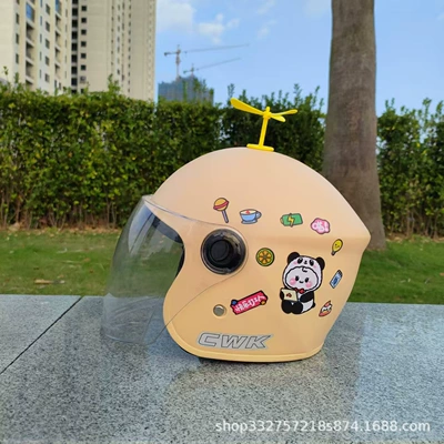 and women's children battery motorcycle helmet — Motosiklet kaskı (dəbilqə) - mocha-black-and-white-panda-transparent-long-mirror-yellow-windmill-3c-childrens-3-10-and-a-half-years-old-helmet