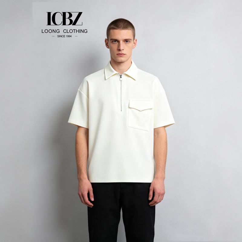 Popular Men's Minimalist Turn-Down Collar Short-Sleeve T-Shirt with 1/4 Zipper, Drop Shoulder Silhouette, Flap Pockets, High-Quality Men's Custom Clothing
