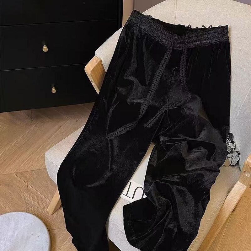 2025 New Black Velvet Straight Wide-Leg Casual Pants for Women, New Loose High-Waisted Drape Pants