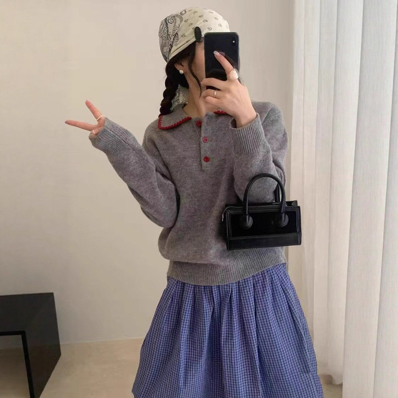 高级感洋气撞色翻领系扣套头针织衫女2025秋冬季软糯减龄针织毛衣|undefined