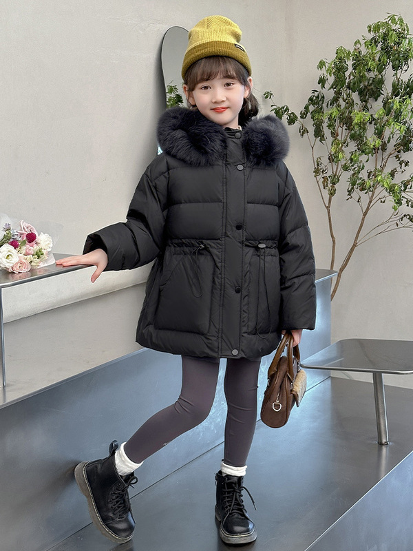 子供用冬用綿入りコート、厚くて暖かい、無地、大きなファー襟のダウンコート、女の子用、防寒冬服、トレンディ|undefined