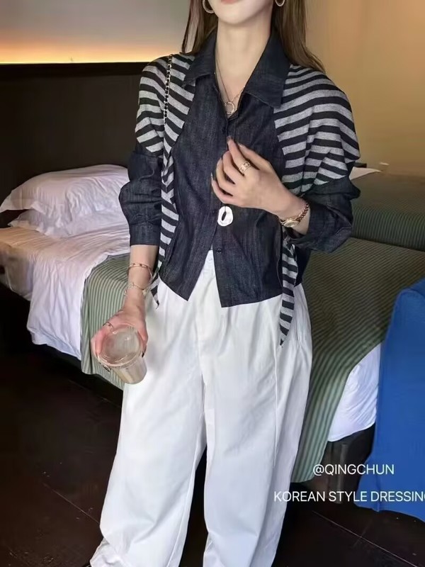 韩系翻领刺绣不规则牛仔衬衫带披肩2025秋季新款女设计感洋气上衣|undefined