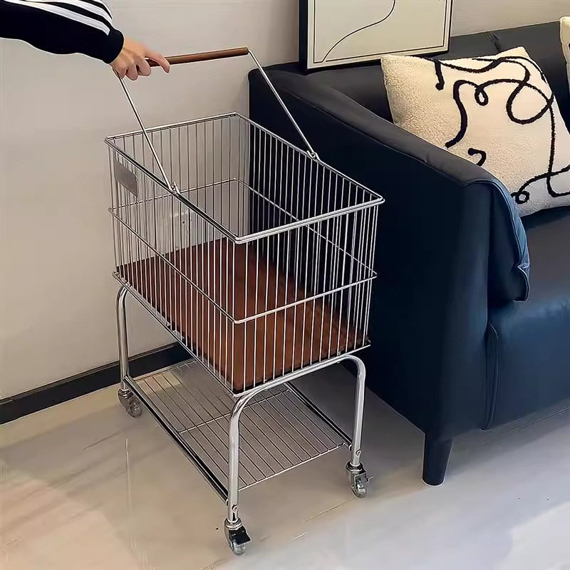 ステンレス鋼の中古汚れた衣類バスケット二層衣類収納バスケット浴室移動棚汚れた衣類バスケットトロリー収納ラック|undefined