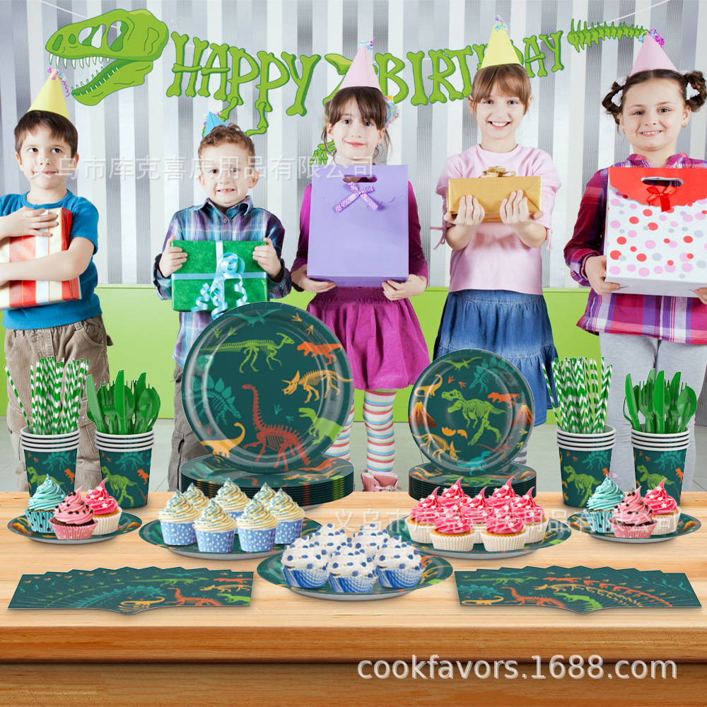 Dinosaurios fósiles transfronterizos tema de fiesta de cumpleaños decoraciones bandeja de papel de cumpleaños para niños tazas de papel toallas de papel set de cubiertos