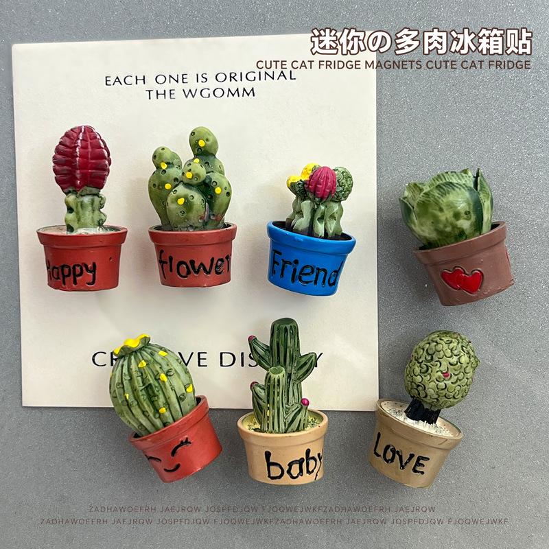 Simulated Succulent Magnetic Refrigerator Stickers Home Decoration Landscape Small Ornaments Cartoon Cactus Green Plant Message Magnetic Stickers