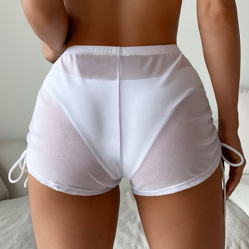 2025 European and American sexy solid color swimsuit women's four-pieces transparent mesh drawstring beach swimming trunks bikini shorts