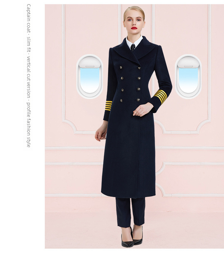 Stewardess-Mantel Damen Mittellanger Herbst- und Winter-Wollmantel für Flugkapitän/Pilot/Bodenabfertigung am Flughafen_voghion.com