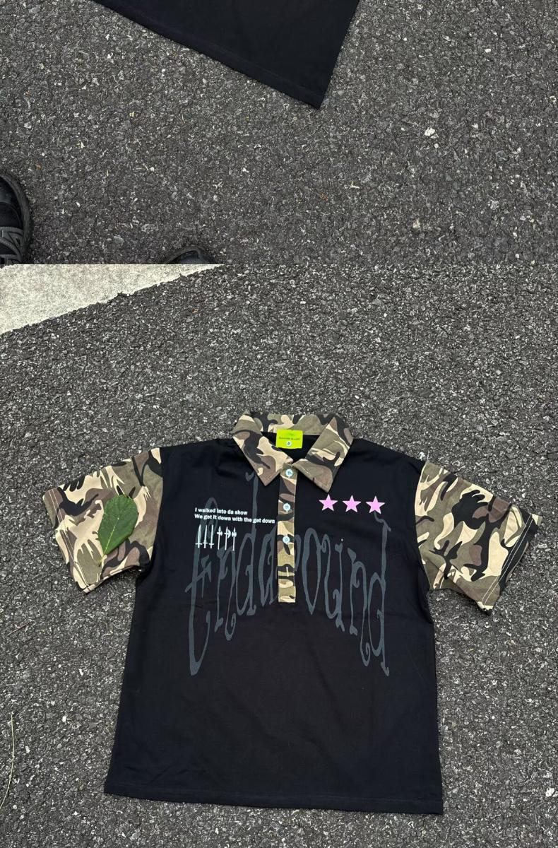 Men's Clothing Men's Hip Hop Camouflage Patchwork Collared Short Sleeve T-Shirt Trendy Streetwear Loose Fit Casual Five Quarter Sleeve For Couples_viptrois.com