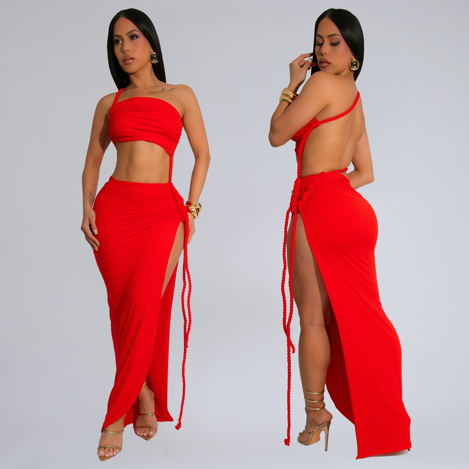 C7342 Cross-border AliExpress Amazon Ropa de mujer de moda europea y americana Vestido largo sexy simple envuelto en el pecho con apertura lateral