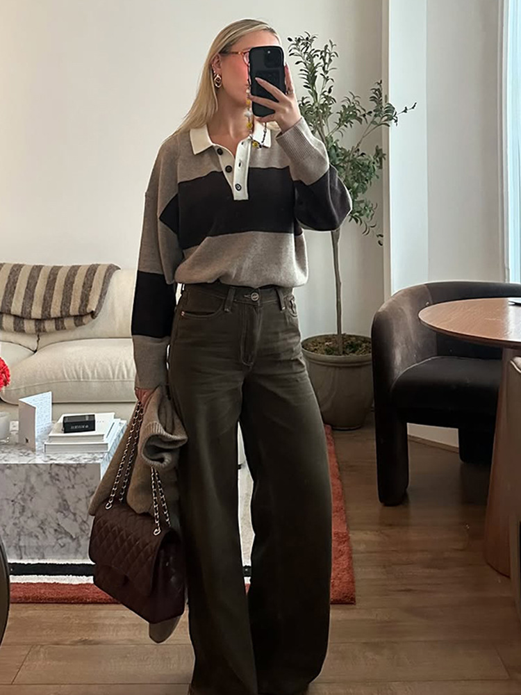 Coreano simple ocio viento suelto con solapa empalmado suéter para mujeres 2025 otoño y invierno nuevo estilo transfronterizo europeo y americano image 6