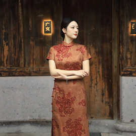 新款重磅香云纱真丝桑蚕丝复古旗袍斜襟真襟旗袍裙日常优雅旗袍