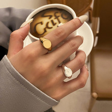 欧美风时尚新款椭圆形简约金色戒指气质韩版开口调节饰品一件代发