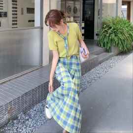 女装夏装格子领带线衫搭配格子半身牛仔裙两件套