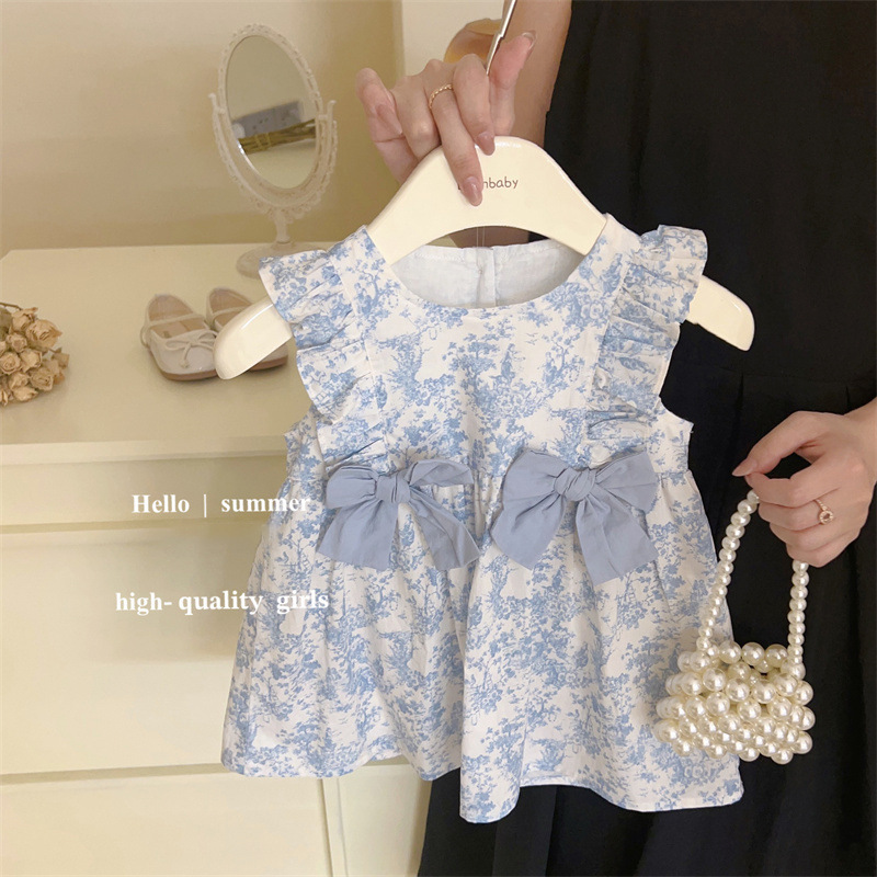 Xianning Seven 2025 niñas francés retro vestido floral verano nuevo vestido de princesa con lazo de moda para niños