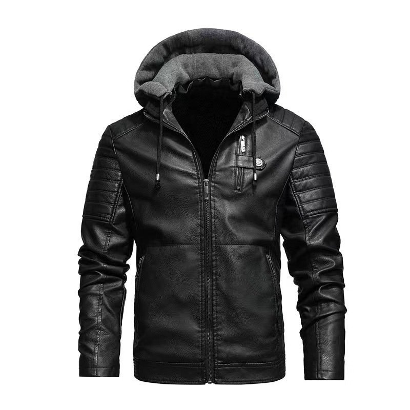 Motorcycle jacket for autumn and winter, men's thick fleece hooded zipper leather handsome stand up collar jacket, 1002_voghion.com