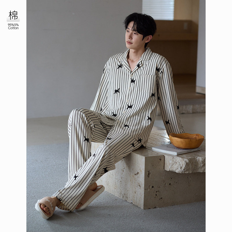 [Antibacterial Stretch Cotton] Men's Pajamas Autumn Thickened Pure Cotton Long Sleeve Black Cat Striped Style Can Be Weared as Home Clothes