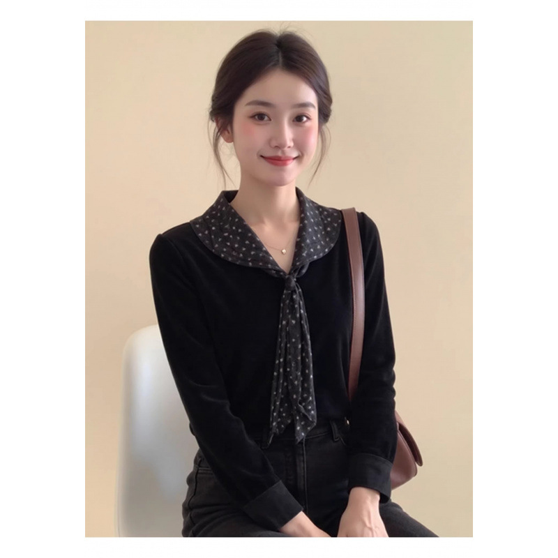 独特超好看黑色娃娃领波点系带丝绒上衣女25年冬绝美漂亮内搭小衫