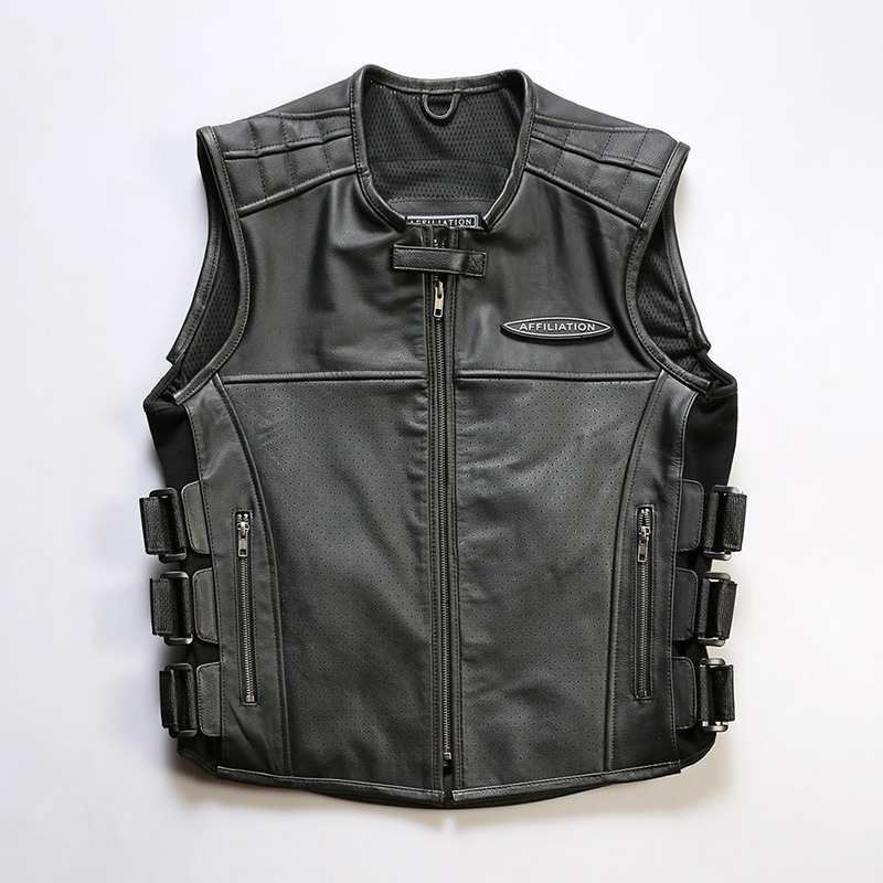 Harley Motorcycle Leather Vest Men's Club Round Neck Adjustable Cowhide Vest