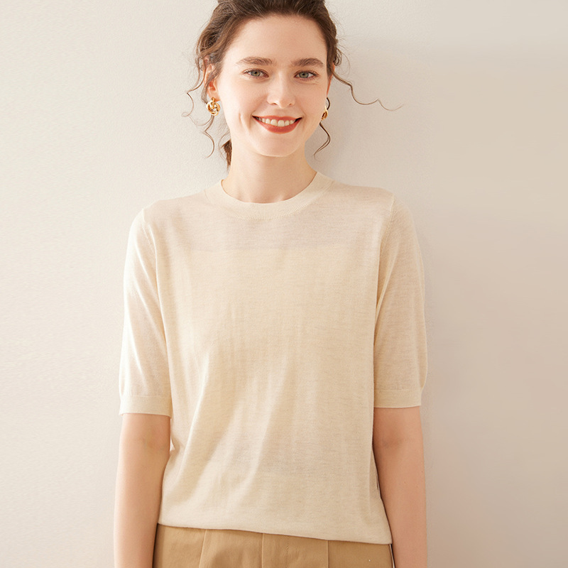 Spring and Summer New Arrival Worsted Mulberry Silk Sweater Women's Round Neck Base Thin Cashmere Short-Sleeved T-Shirt Solid Color Top