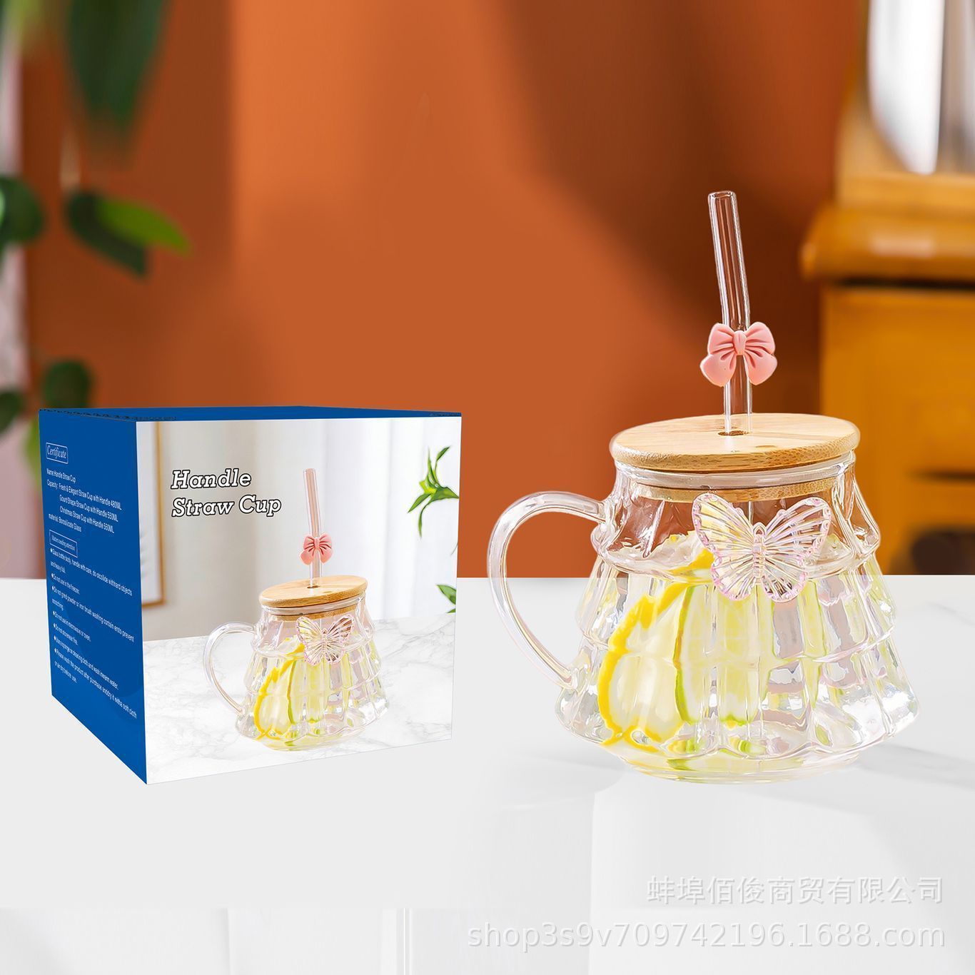 Taza de café de alto valor facial de vidrio transparente con mango de vidrio de alto silicio, taza de paja de hielo de bebidas americanas gordo