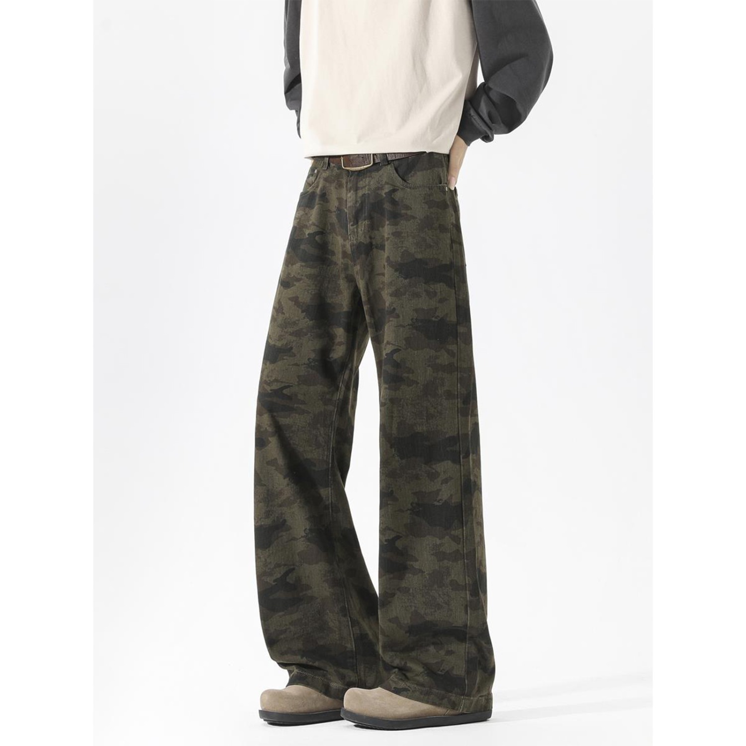 Primavera y otoño estilo americano callejera universal camuflaje pantalones de trabajo delgados rectos vibe micropantalones jeans para hombres y mujeres
