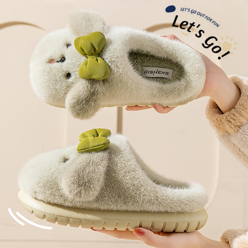 Pantofole di peluche a forma di cucciolo per donna - Simpatiche pantofole da casa a forma di cane con suola spessa antiscivolo e fiocco_voghion.com