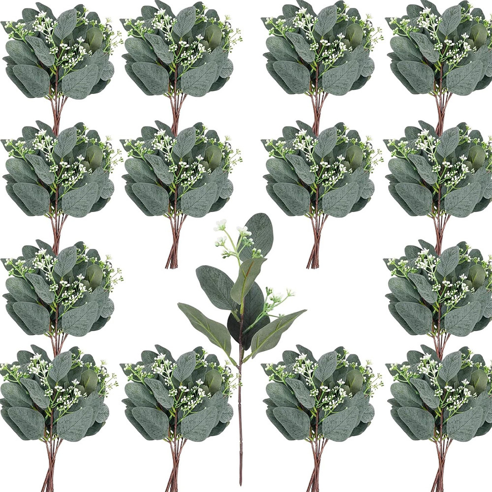 Simulación de hojas de eucalipto, hojas de eucalipto con ramas cortas con frutas, hojas de oro, hojas de bricolaje, plantas de simulación nórdica al por mayor, plantas verdes