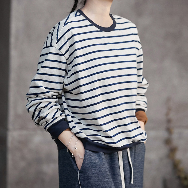 Spring New Style White Bottom Blue Striped Hemp Cotton Round Neck Pullover Versatile Sweater Long-Sleeved Sweatshirt