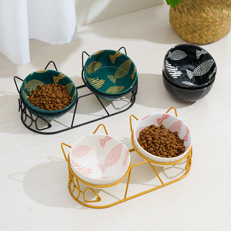 Pet cat bowl ceramic double bowl protective cervical spine fixed tilt anti-knock cat dog food bowl rice bowl cat food bowl water bowl