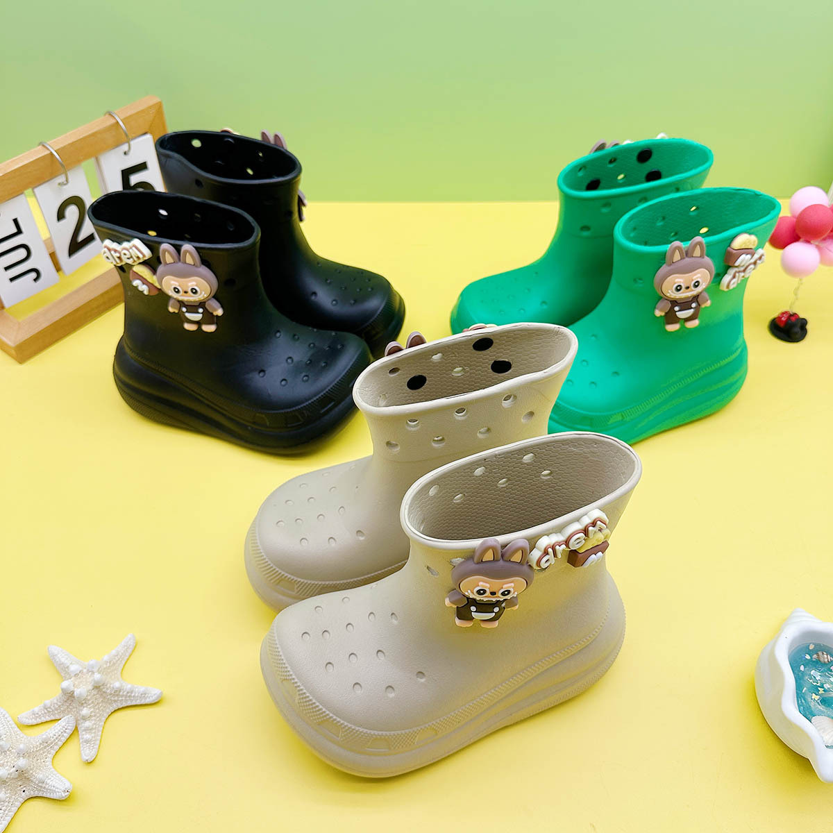 Rain Boots Cartoon Letters Labubu Children's Hole Rain Boots Universal Girls' Water Shoes Mid-Tube Boys' Water Shoes for Older Children