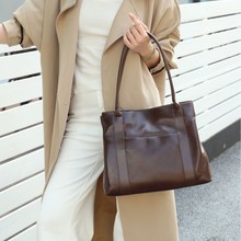 头层牛皮新款时尚复古纯色百搭大容量托特包高级感腋下手提单肩包