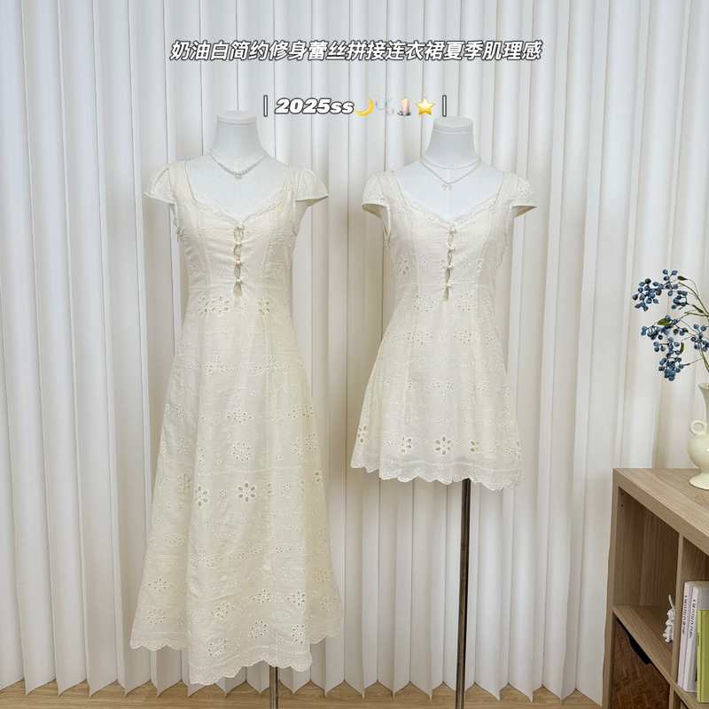 "Time of Excitement" Cream White Simple Slim-Fit Lace Patchwork Dress for Women with a Textured Feel for Summer