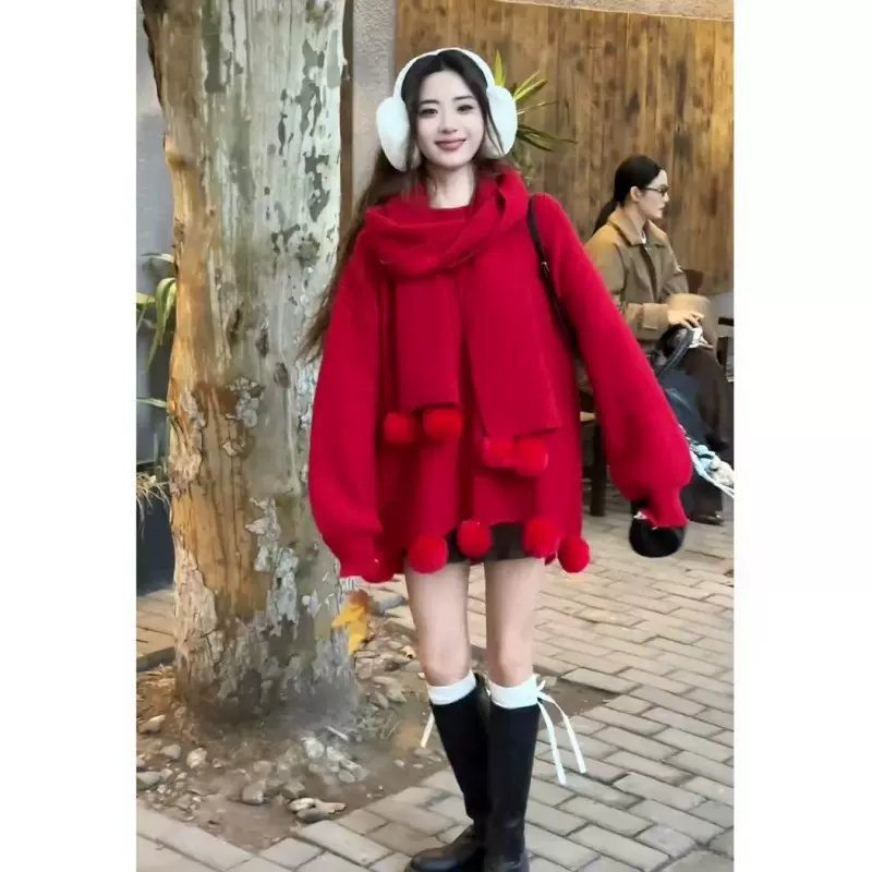 2025元旦新款红色毛衣女长袖宽松慵懒风中国红围巾针织套头毛衫女