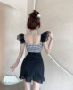 Drawstring plaid patchwork dress for women's nightclubs， work clothes， waistband irregular skirt