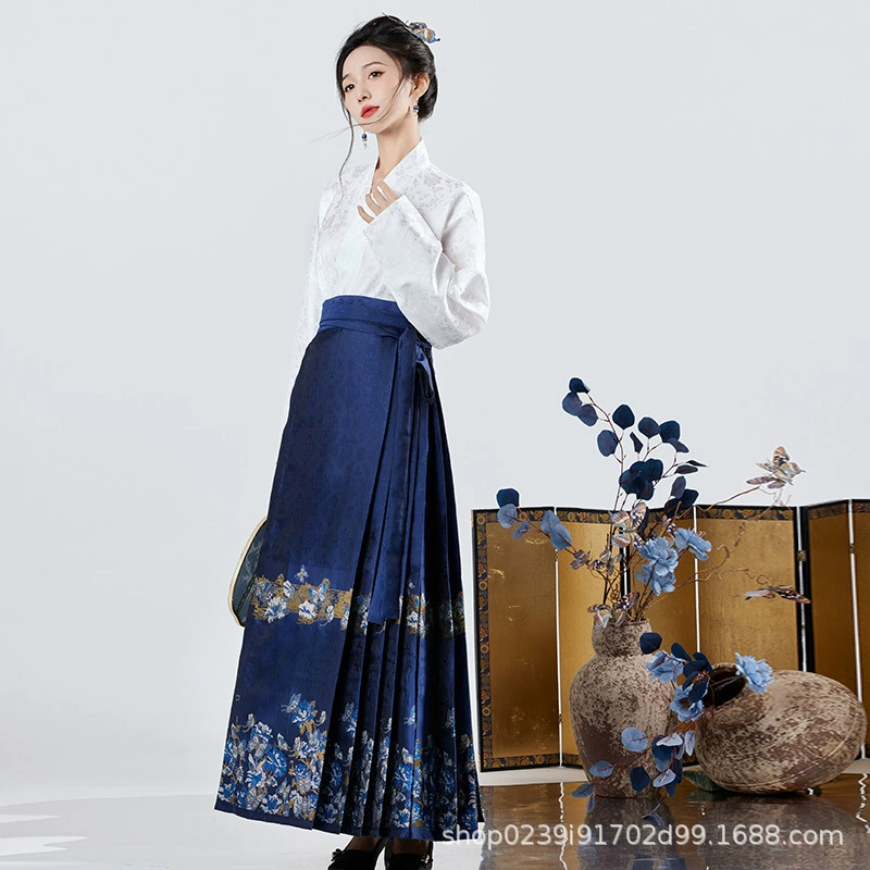 Инкрустация перламутром. Женская юбка в стиле ханьфу для весны и осени, улучшенная версия в стиле Мин, китайская юбка с вырезом «лошадиная голова», юбка средней длины для взрослых, ретро-китайский стиль.