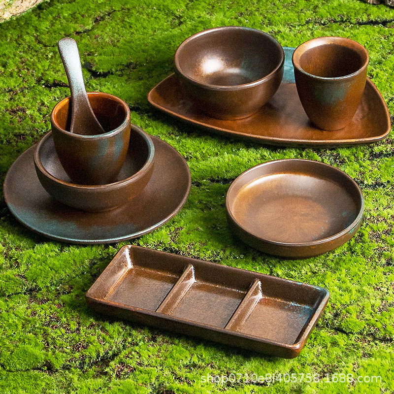 Internet-Famous Mountain-Style Hot Pot Restaurant Four-Piece Tableware Set: Plate, Bowl, Cup, Spoon Set, Three-Compartment Barbecue Plate, Dipping Sauce Bowl, Commercial Use