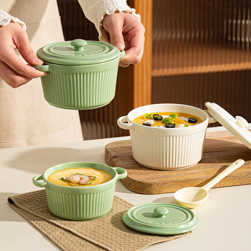 Ceramic Minimalist Striped Double-Eared Covered Steamer Egg Home Use One Person Portion Creative Stew Pot Soup Bowl Baking Bowl Soup Bowl Tableware